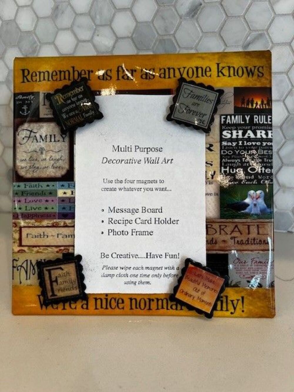 MAGNETIC FAMILY MESSAGE BOARD, PHOTO FRAME, RECIPE CARD HOLDER 4 MAGNETS NEW